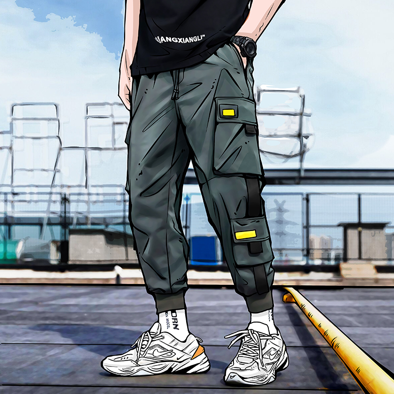 

2021 New Harajuku Cargo the Men of Vintage Comfy Cordon Joggers Black Many Pockets Male Ankle Casual Pants Boys N0pj, Army green.