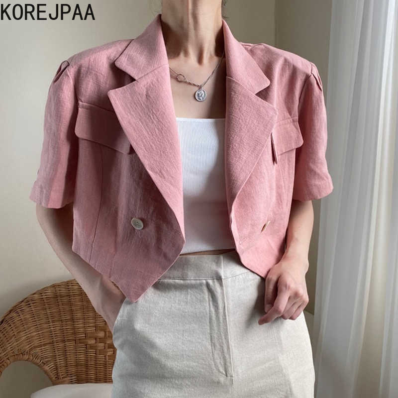 

Korejpaa Women Jacket Summer Korean Chic Ladies Temperament Versatile Suit Collar Two Button Design Loose Casual Short Coat 210526, Beige