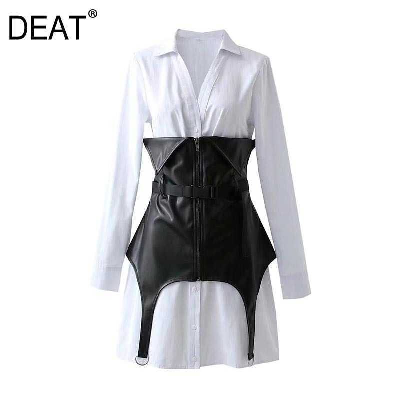 

[DEAT] Summer Fashion Single-breasted Solid Color Sashes Long Sleeve Turn-down Collar Personality Women Shirt 13Q358 210527, Black and white