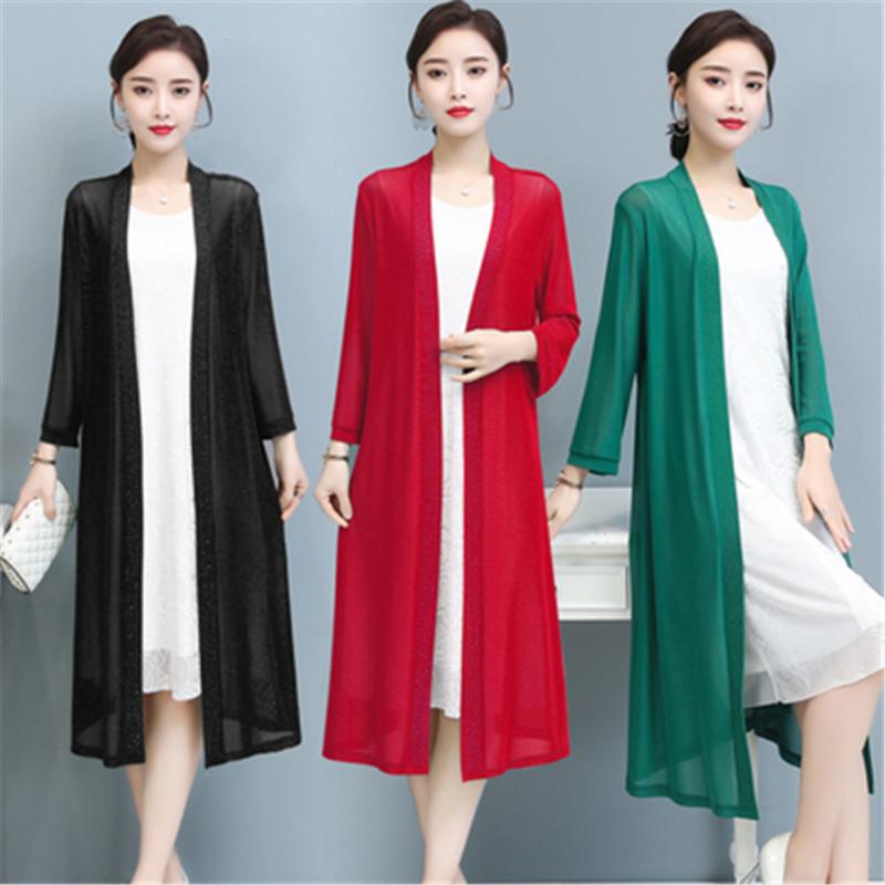 

Women's Knits & Tees 2022 Spring Summer Women Long-Sleeved Chiffon Shirt Thin Cardigan Sun Protection Clothing Sexy Long See Through Shawl T, White