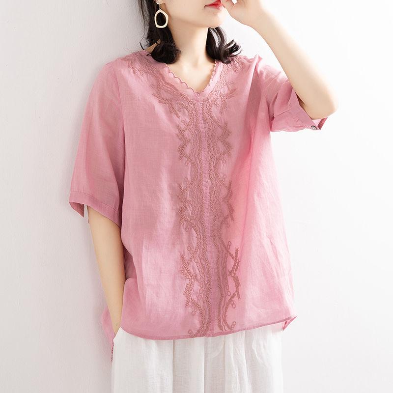 

Women's Blouses & Shirts Arrival 2021 Summer Arts Style Women Short Sleeve V-neck Vintage Cotton Linen Embroidery Loose Plus Size M124, Orange