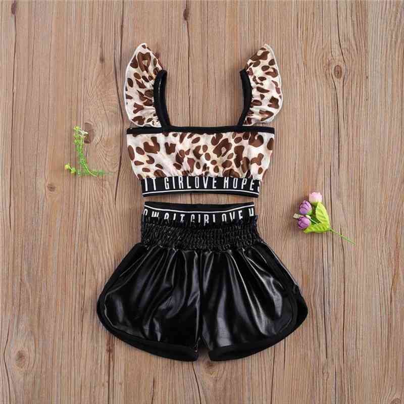 

fashion girls two piece set, childrens leopard print sleeveless ruffle shoulder vest lettering belt stretch shorts, White