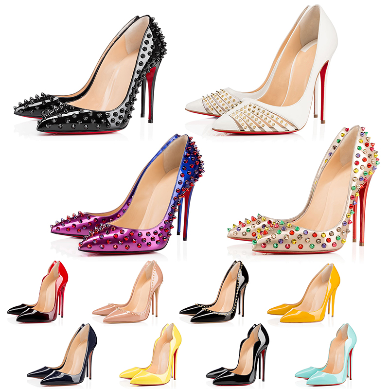 

2021 Casual Women Rivet Red Bottoms High Heels Luxurys Designers Shoes Wedding Party Dress Pointed Toes Nude Color Triple Balck Size Eur 35-42, Black