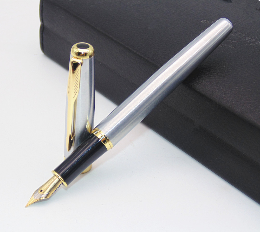 

Stainless Baoer 388 Classic Steel Business Medium Fountain Pen New Silver Golden Trim m Nib