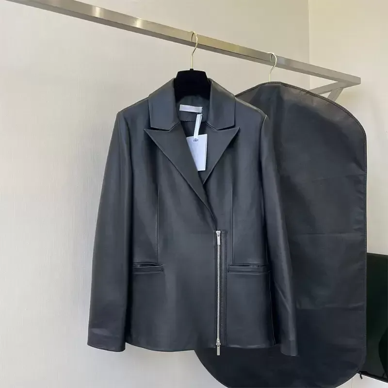 

Women designer Leather Clothing Button Suit Winter Full Jacket Clothes Long Sleeve Jackets Fashion Letter Pattern Top High Quality Coat, Black;brown