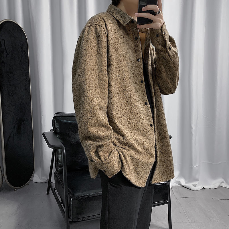 

2021 New Korean Style Men's Solid Color Coats Woolen Long-sleeved Camisa Masculina Streetwear Shirts Large Size M-5xl D5sn, Khaki