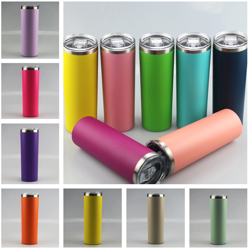 

20oz Powder Coating Skinny Tumblers With Lid&Straw 20 Colors Stainless Steel Water Bottles Double Insulated Vacuum Cups Coffee Milk Mugs A12