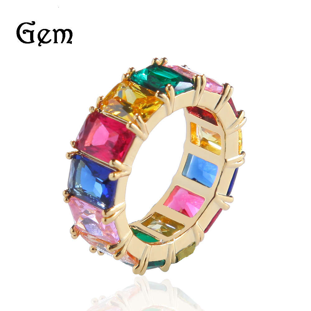 

Hip hop men's colorful square zircon ring rainbow zircon ring