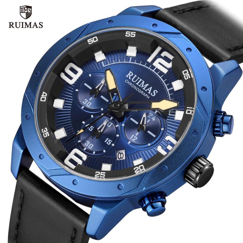 

Wristwatches RUIMAS Men's Leather Strap Chronograph Watches Luxury Blue Quartz Watch Man Waterproof Sports Wristwatch Relogios Masculino 595, Rl595g-black