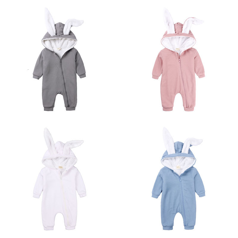 

2021 New Winter Thick Veet Clothes Rabbit Ear Newborn Baby Cotton Long Sleeve Hooded Infant Rompers 3-18months Na1s, Apricot