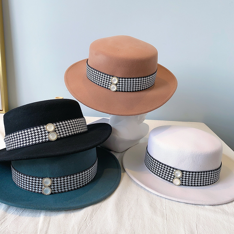 

2021 New Elegant Felt Flat Wool Fedora Women Pearls Ribbon Wide Brim Boater Church Winter Ladies Derby Party Hat Mhiu, Green