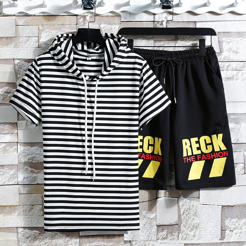 

2021 New Striped Tracksuit Men T-shirt Summer Two Pieces Sporting Suit Male Sets Printed Tee Tops Shorts Mens Track Suits Rdel, Beige