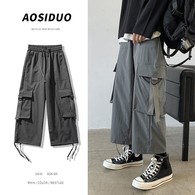 

2021 New Autumn Wide-leg Men's Fashion Solid Color Multi-pocket Cargo Pants Men Streetwear Loose Hip-hop Straight Trousers Mens J39h, Gray