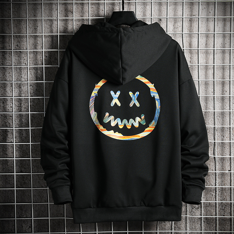 

2021 New Japo Estilo Casual o Pescoo Sorriso Rosto Impresso Moletom Com Capuz Masculino Hip Hop Alta Streetwear Roupas Hk78, Black