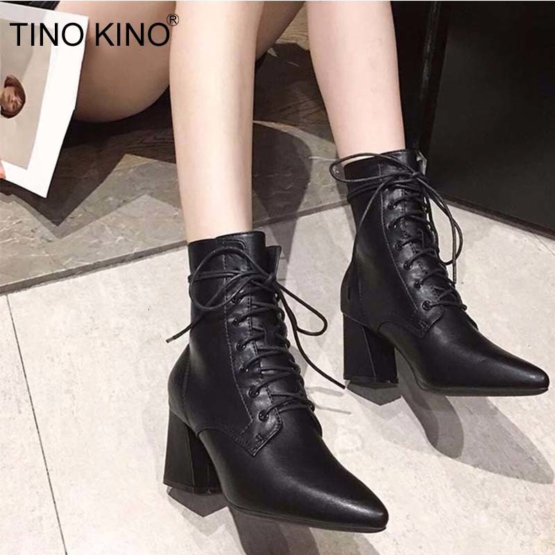 

2021 Ankle Boots Ladies High Heels Autumn Shoes Fashion Women Lace Up Pointed Toe Pumps Pu Leather Comfort New Woman Footwear Uhdm WD6I, Black