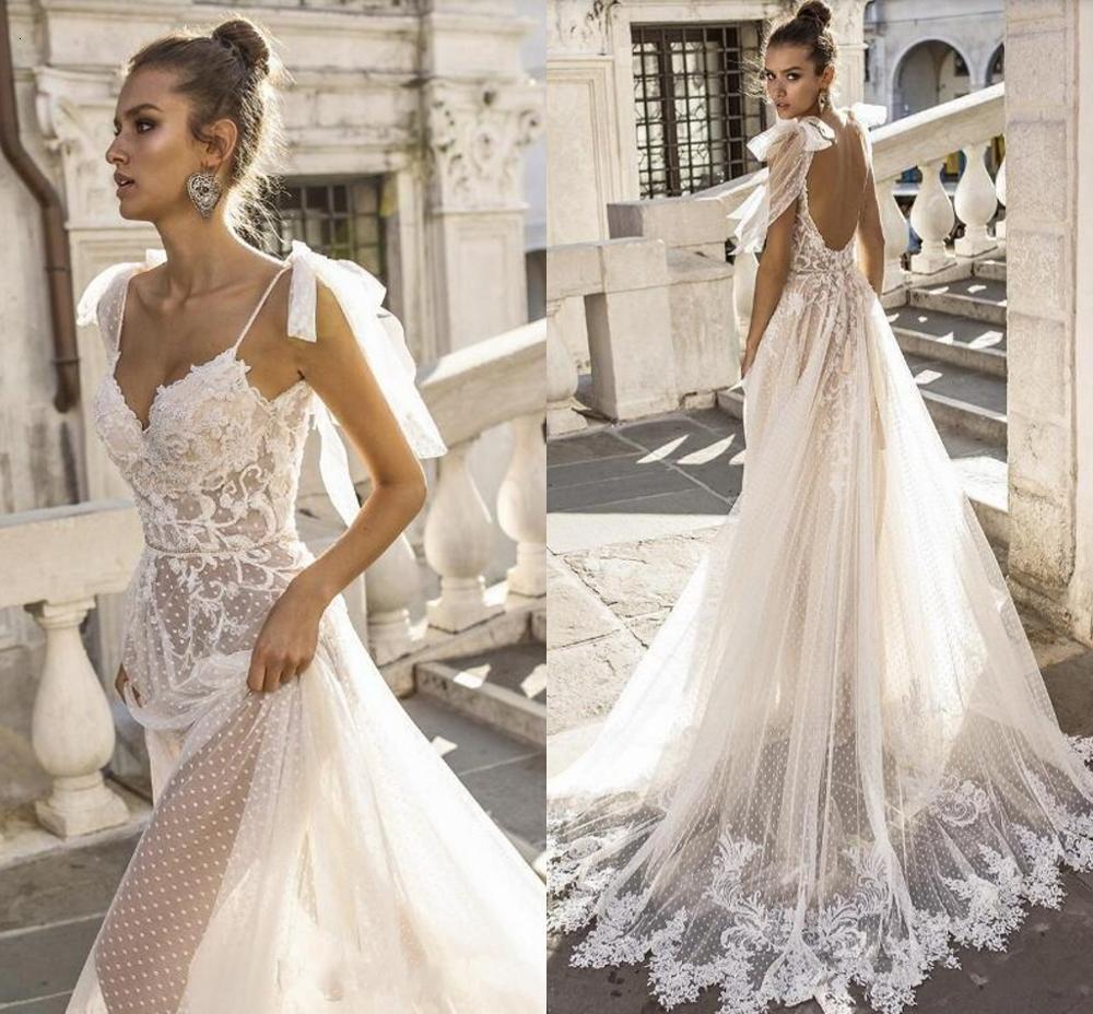 

2021 New Sexy Boho Es Spaghetti Straps Illusion Lace Backless Bridal Gowns Vestido De Novia Beach Wedding Cheap Bb8t, White