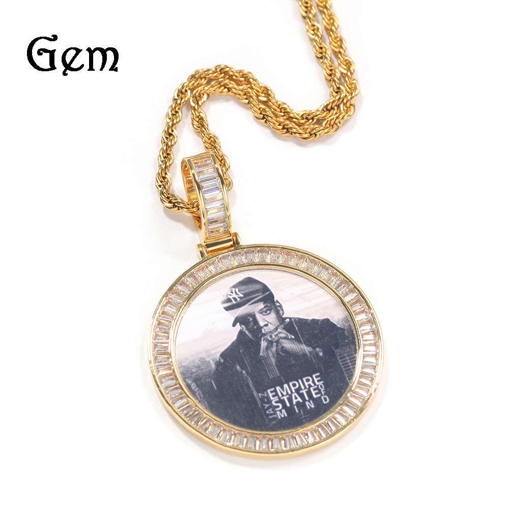

Photo copper set T-square zircon round photo frame solid pendant hip hop popular Necklace