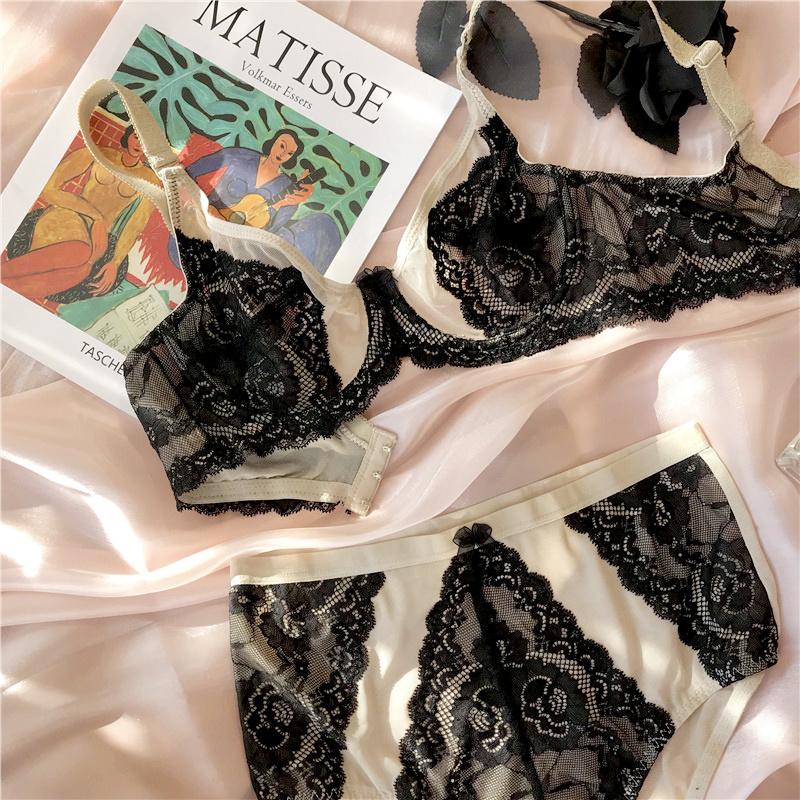 

Bras Sets Wriufred Perspective Embroidery Light Luxury Bralette Ultra-thin Lace Sexy Big Breasts Underwear Soft Cup Comfortable Bra Set, As picture show