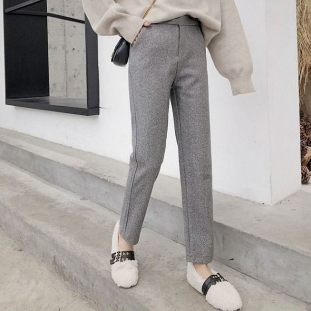 

2021 New Winter Wool Blended Women's Wear Autumn High Waist Casual Wide Leg Work Pants Cnbx, Gray.