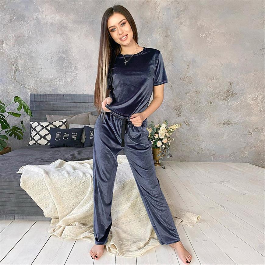 

blue velvet winter warm women sleepwear home suit sets pajamas loose pants ribbon knit short sleeve two piece set lounge, Black;red