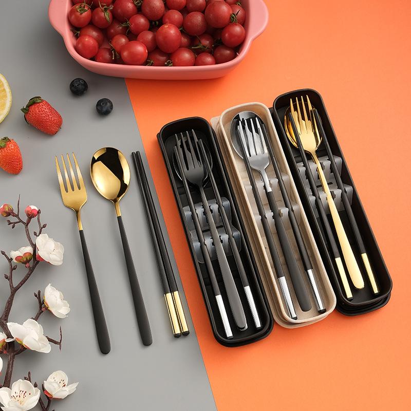 

Dinnerware Sets 2/3Pcs Stainless Steel Black Cutlery Set With Box Spoon Fork Chopsticks Adult Students Portable Tableware Suit For Home Kitc