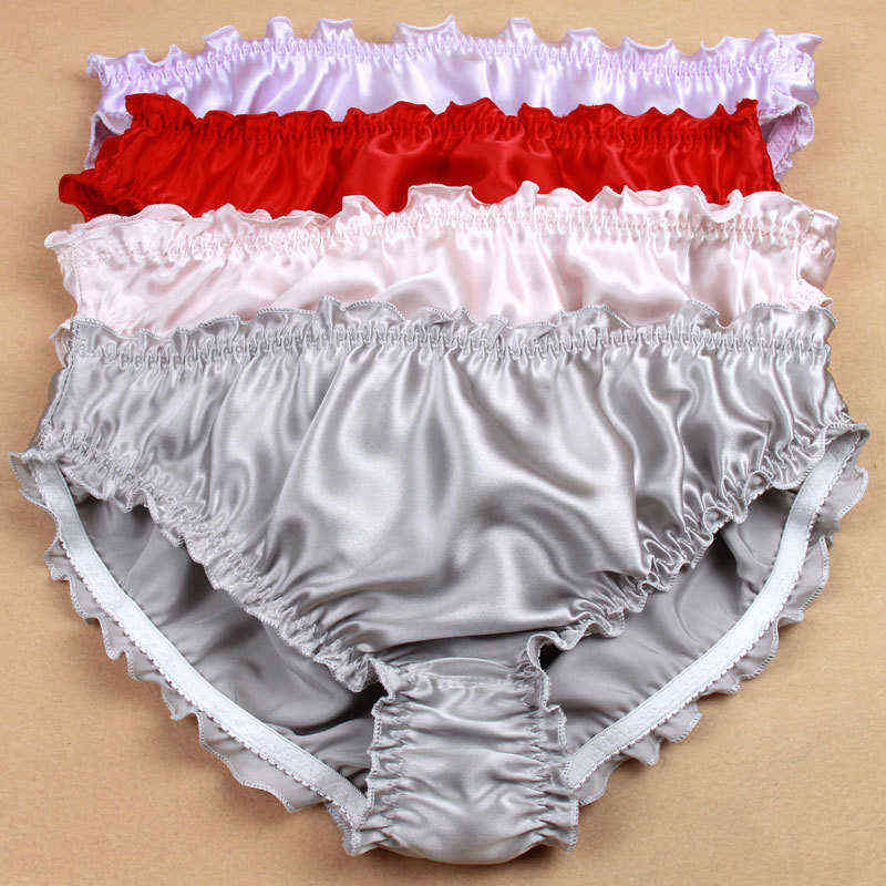 

3pcs/lot, Women's 100% Silk Panties String Bikinis Sexy Briefs High quality ruffled silk underwear 211109, Orange powder