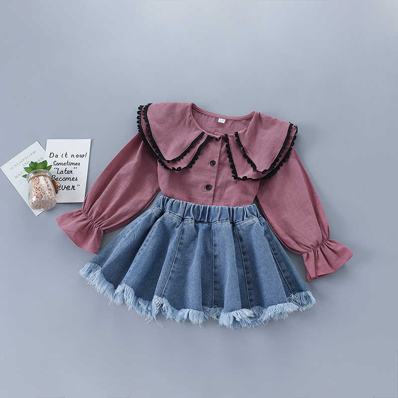 

2-7 years high quality girl clothing set autumn fashion red green solid shirt + denim skirt kid children 210615