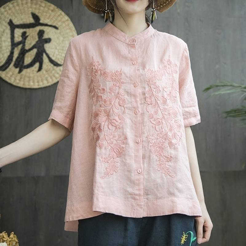 

F&je Summer Style Women Shirt Plus Size Short Sleeve Loose Embroidery Cotton Linen Blouse Big Ladies Tops Femme Blusas MGZ2 210608, Pink