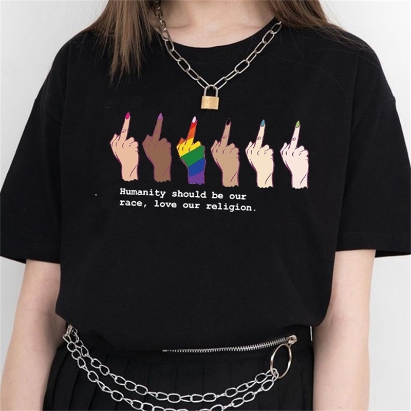 

PUDO-JF Humanity Should Be Our Race Love Religion Against Racial Discrimination LGBT Middle Finger T Shirts 210708, Black