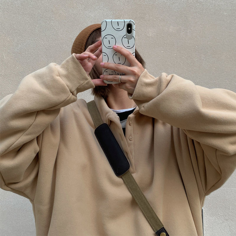 

2021 New Polo Collar Thick Hoodie Women Autumn Winter Warm Veet Solid Color Sweatshirt Vintage Harajuku Oversized Hoodies Teens Xuu1, Khaki