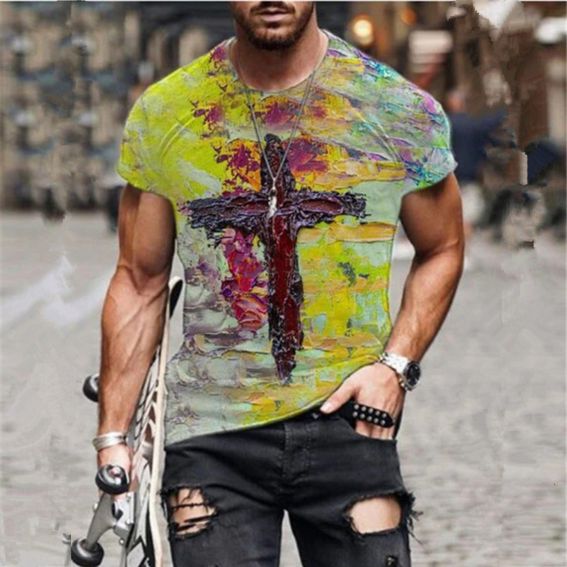 

2021 2021summer New Mens Oversized Vintage Short Sleeve t Fashion Harajuku 3d Cross Printed o Collared Tee Shirts Men Clothing Dcw3, 8888-4