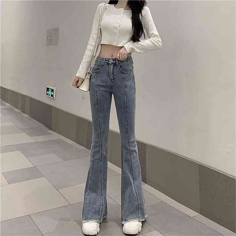 

streetwear high waist bell bottom jeans women vintage stretch skinny flare denim pants ladies casual light blue long trousers