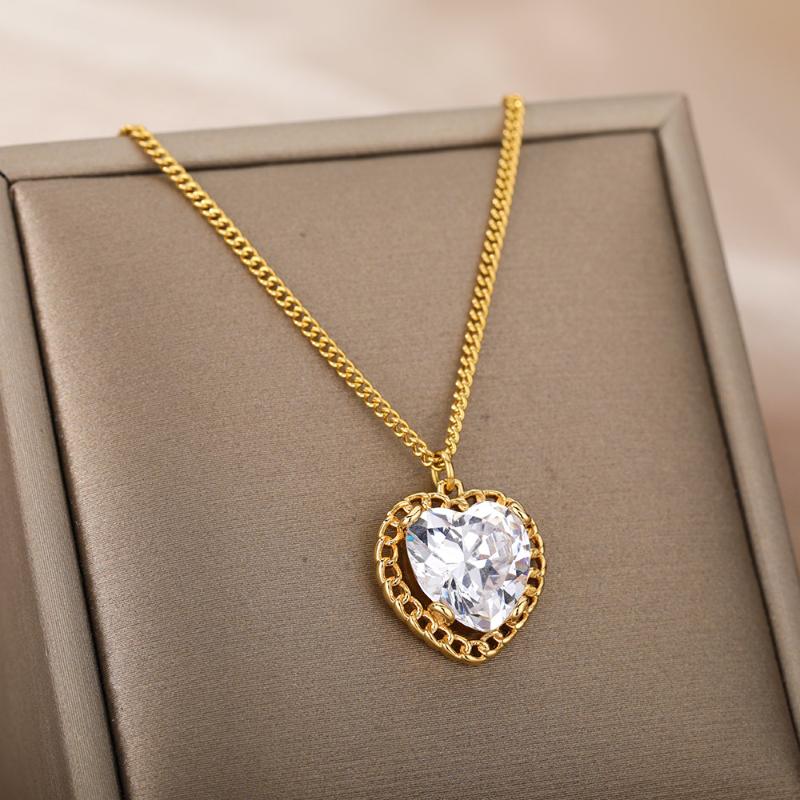 

pendant necklaces zircon crystal heart for women stainless steel gold chain choker lover charm necklace couple wedding jewelry, Silver