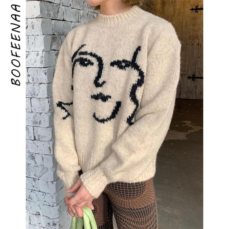 

Women's Sweaters BOOFEENAA Fashion Winter Clothes Womens Pullover Casual Graphic Portrait Knitted Long Sleeve Tops C71-EC39, White;black