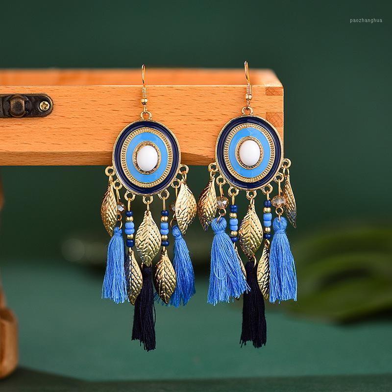 

Women's Blue Tassel Earrings Brincos Boho Jewelry Bijoux Summer Vintage Bohemia Leaf Dripping Oil Alloy Dangle & Chandelier, Silver
