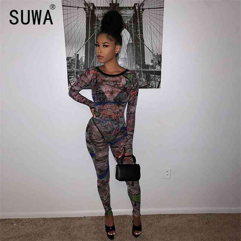

Trendy Printed Mesh See Through Bodycon Jumpsuit Women Autumn Fashion Streetwear O-Neck Skinny Slim Active Workout Outfits 210525, Multi