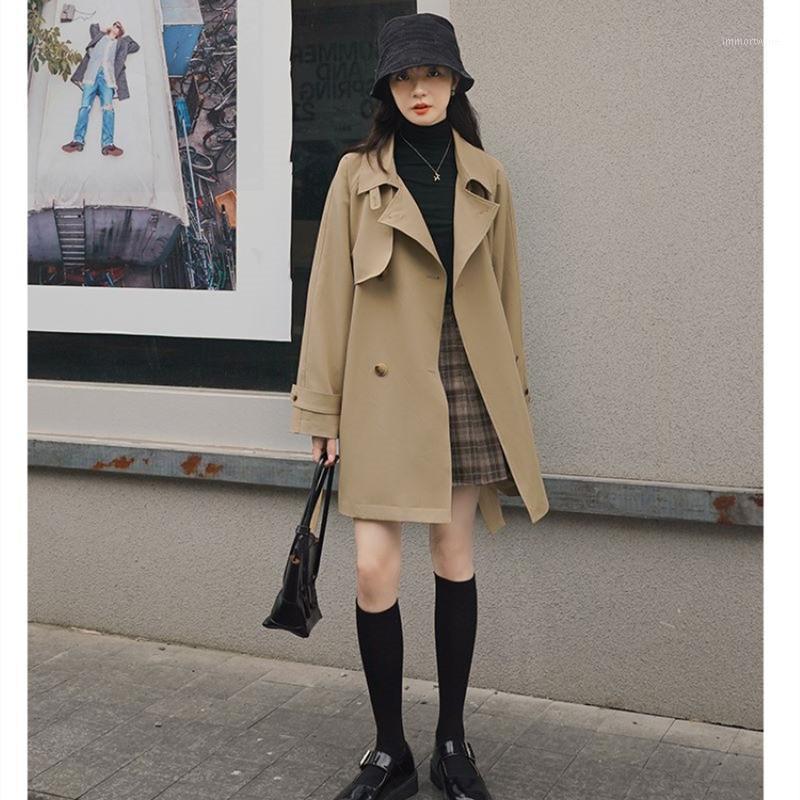 

Women' Trench Coats Women Turn-down Collar Solid Colour Coat Loose Double Breasted Leisure Chic Outwear Feminino Warm Clothes, Khaki