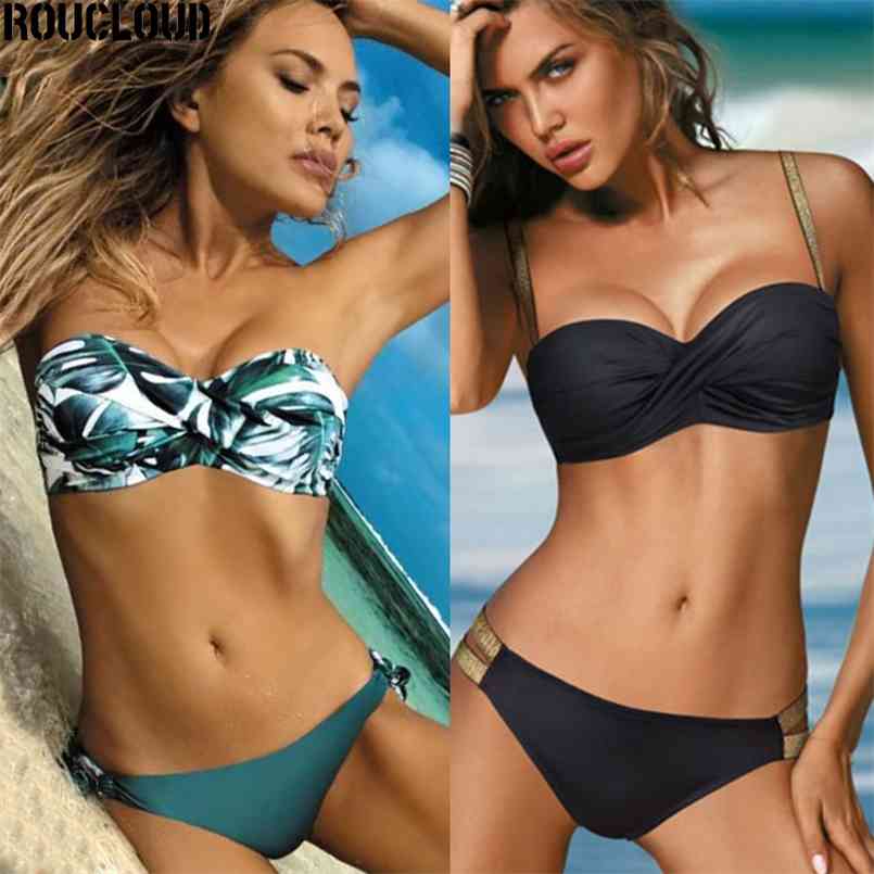 

Sexy Solid Color Bikini Women Swimwear Bandeau Biquini Swimsuit Female Bathing Suit Push Up Set Beachwear 210630, Coffee color