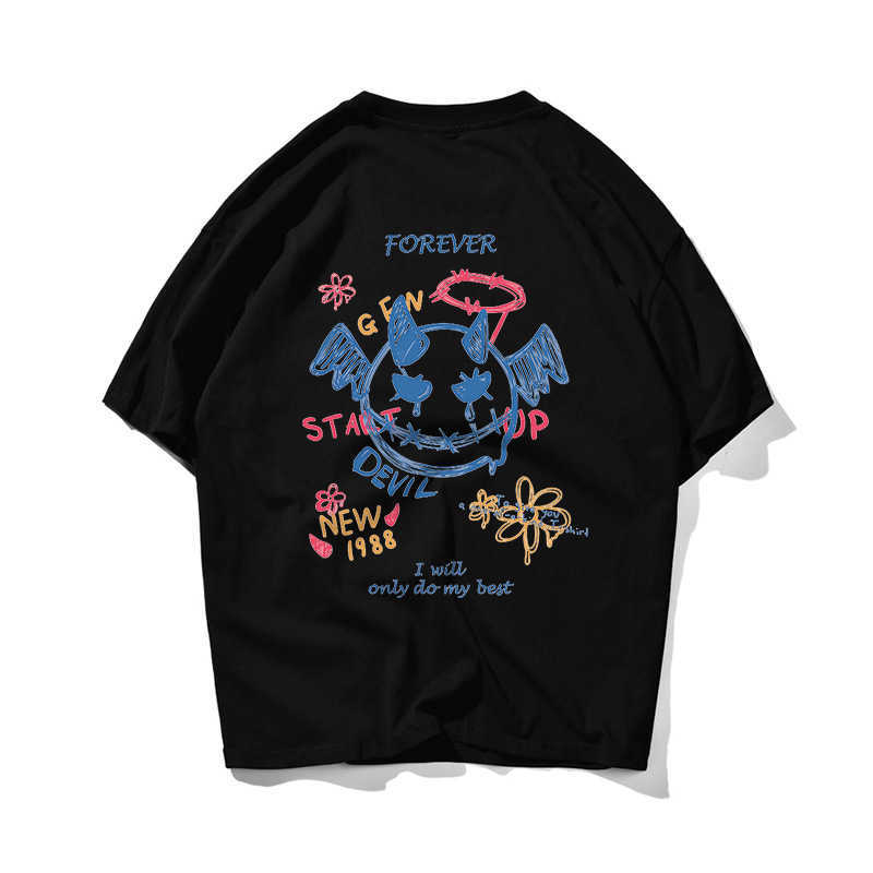 

Oversized Hip Hop Streetwear Harajuku T-Shirt Men Hand Painted Devil T Shirt Short Sleeve Tshirt Cotton Loose Tops Tees 210603, White