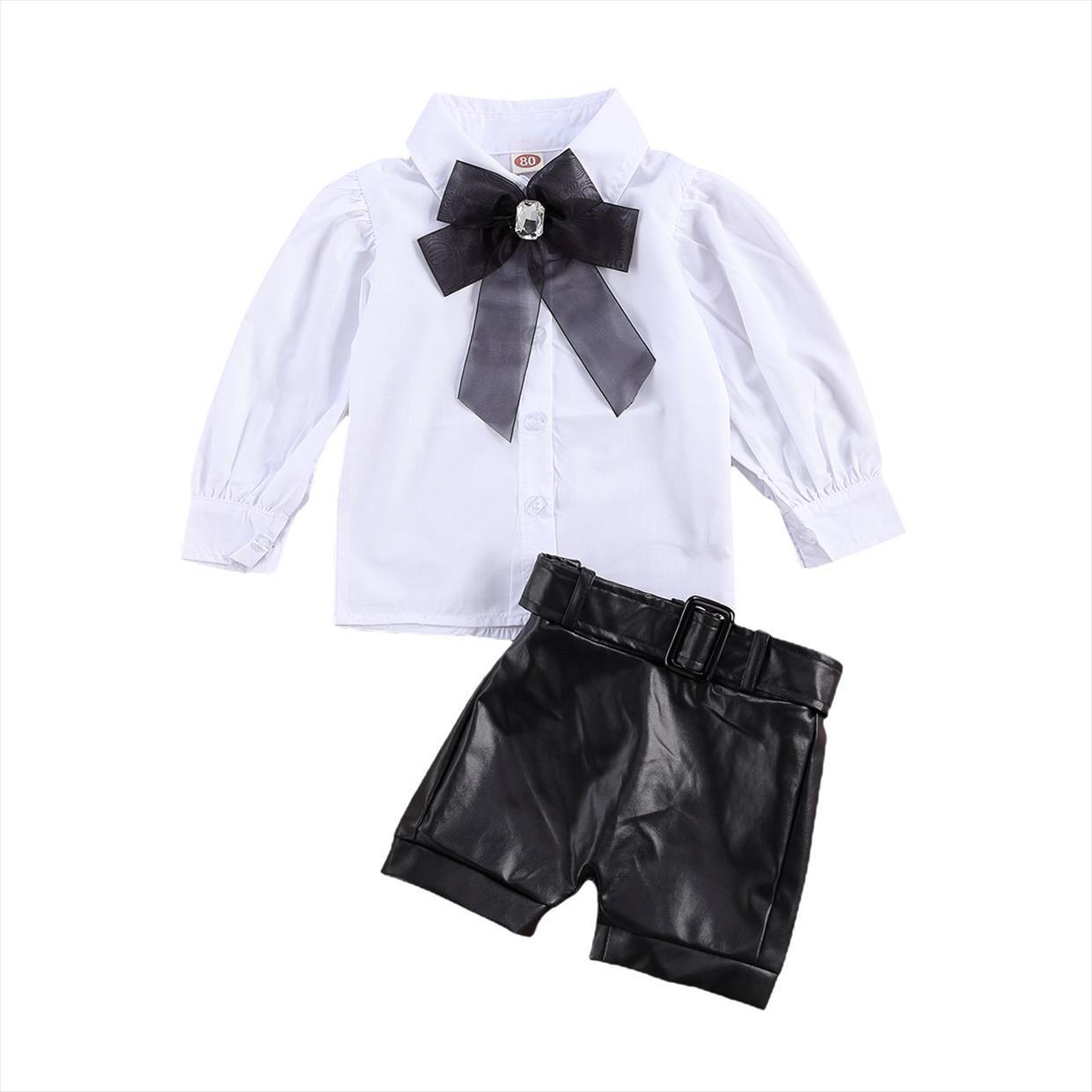 

1 6y fashion infant baby girls clothes sets bowknot collar long sleeve single breasted shirts pu leather shorts, White