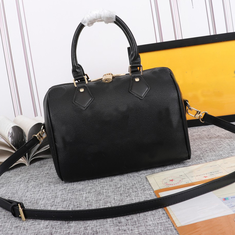 

High Quality Pillow Shoulder Bag Speedy Handbag Grained Genuine Leather Embossed Letter Tote Bags Crossbody Purse High Capacity Adjustable Removable Strap 25CM