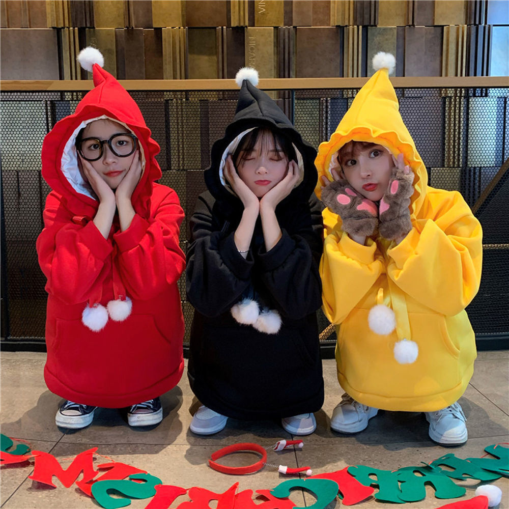 

2021 New Deeptown Kawaii Moda Feminina Inverno Mais Veludo Moletom Feminino Manga Longa Quente Roupas De Natal Solto Hoodies Va5w, Black