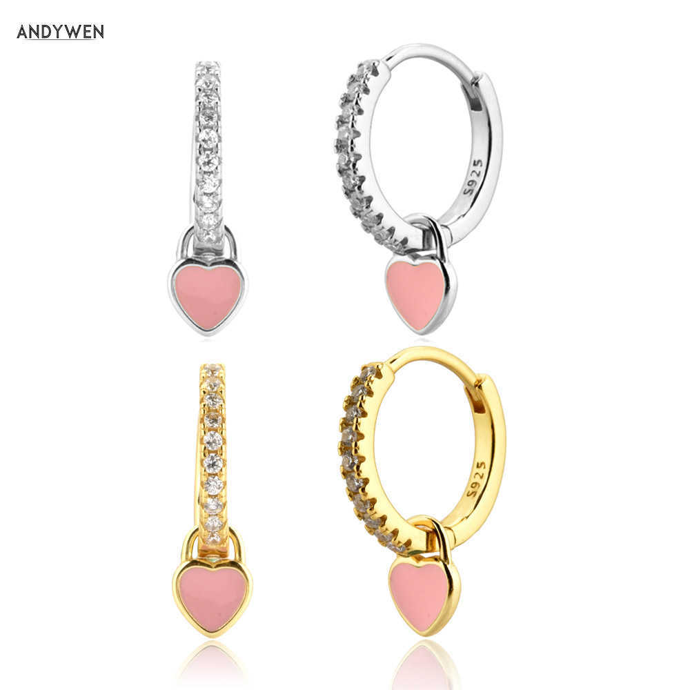 

ANDYWEN 925 Sterling Silver Pink Heart Enamel Piercing Pendiente Drop Earring Ciecle Trends Zrcon CZ Crystal Fine Jewelry 210608