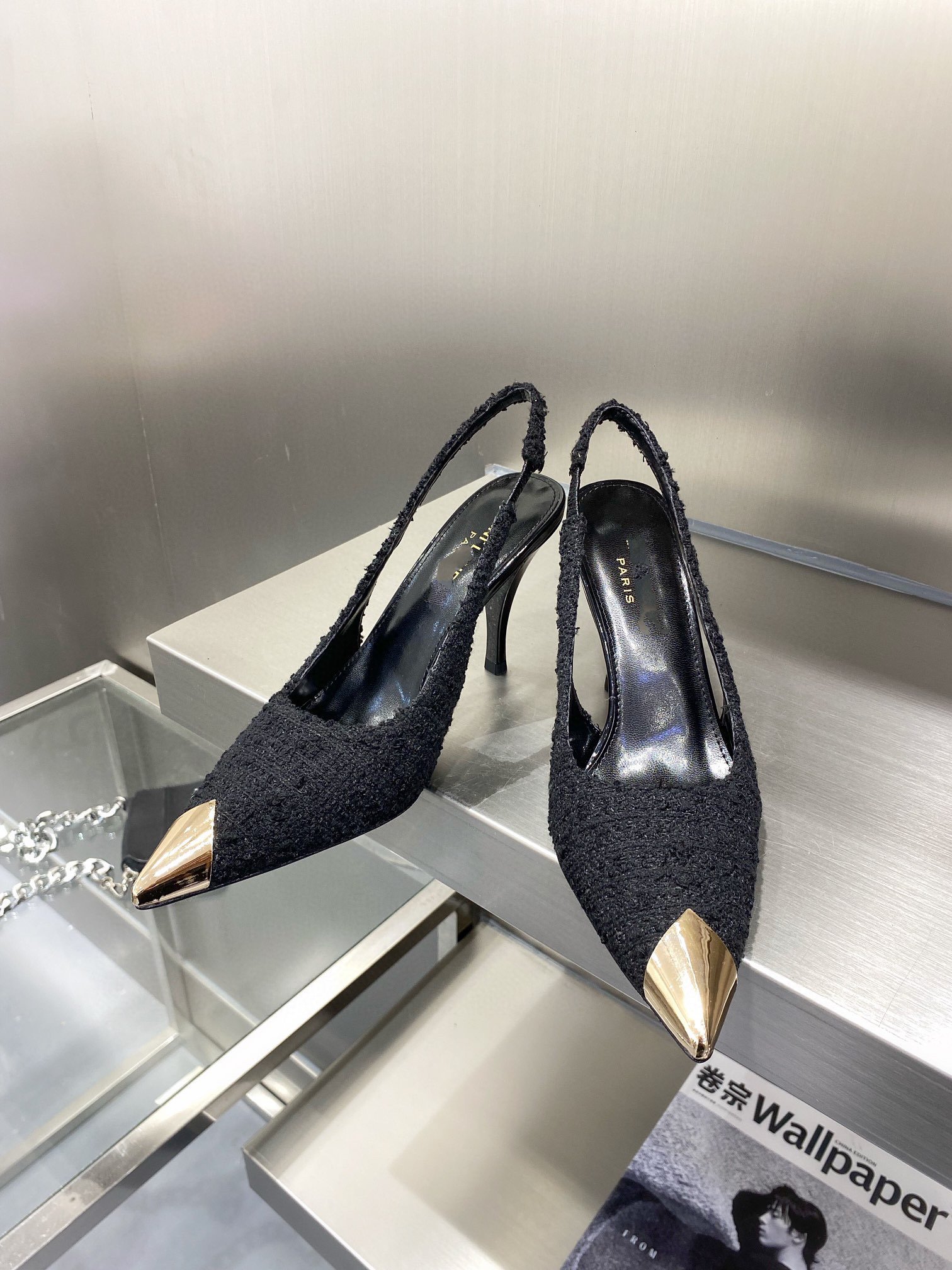 

Luxury Brand Women's Dress Shoes Ladies Fashion Tweed Slingback Pumps with Pointed Patent leather Toe Caps Lady's high heels sandals, Black