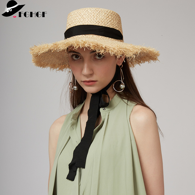 

2021 New Women's Weave Raffia Sun Wide Brim Summer Beach Hat White Black Ribbon Lace Up Straw Kentucky Derby Boater Hats Luro, Natural black band