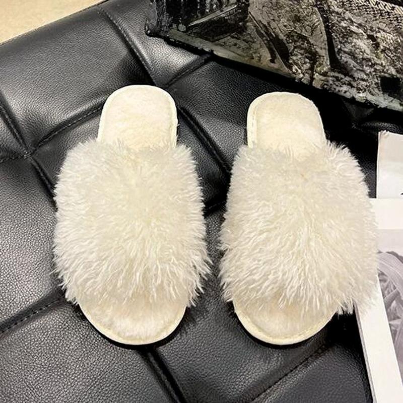 

Slippers 2021 Winter Women Furry Fluffy Warm Plush Cotton Shoes Woman Outdoor Casual Candy Color Ladies Slides, Black