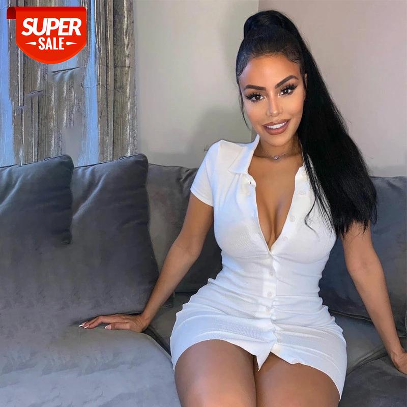 

Summer Women Bandage Stretch Club Slim Fit Dresses Basic Solid Short sleeve V Neck Button up Bodycon Mini Dress Vestido #gm4m, Black;gray