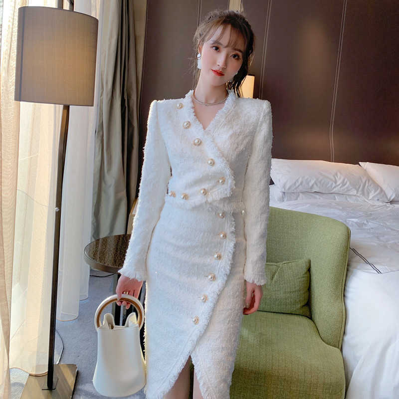

early autumn women' suit two-piece set of raw tweed 210603, White