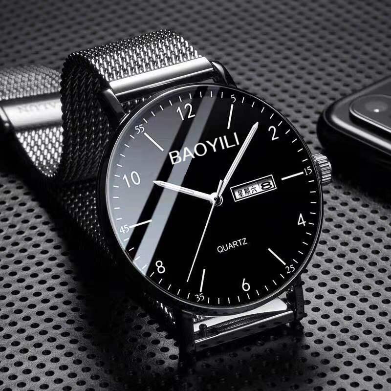 

Wristwatches Automatic Watch Men's Waterproof Double Calendar Ultra-thin Student Korean Version Of Night Light Steel Belt Non-mechanical, Black