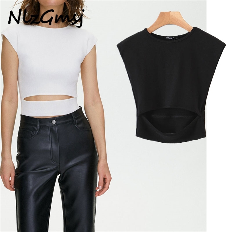 

T-shirt Women Summer Sleeveless Solid Color Tops Hollow Out Shirt Casual Knit Crop T 04 210628, As picture